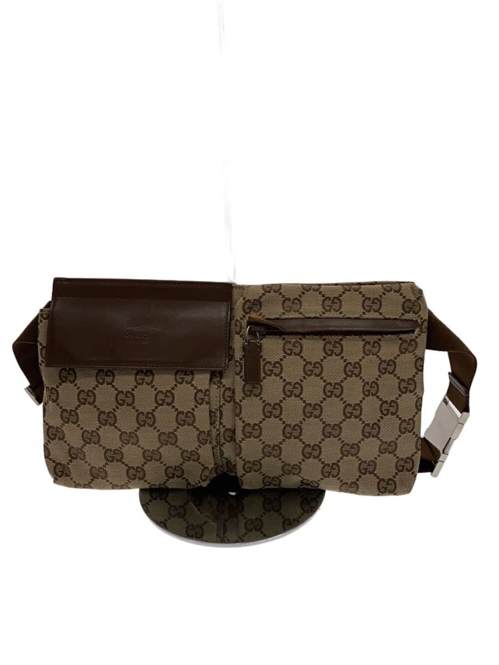 Gucci GG Supreme Canvas Belt Bag brown leather two front pockets